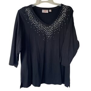 Quacker Factory V Neck Bling Studded Collar Black Top pullover size XL
